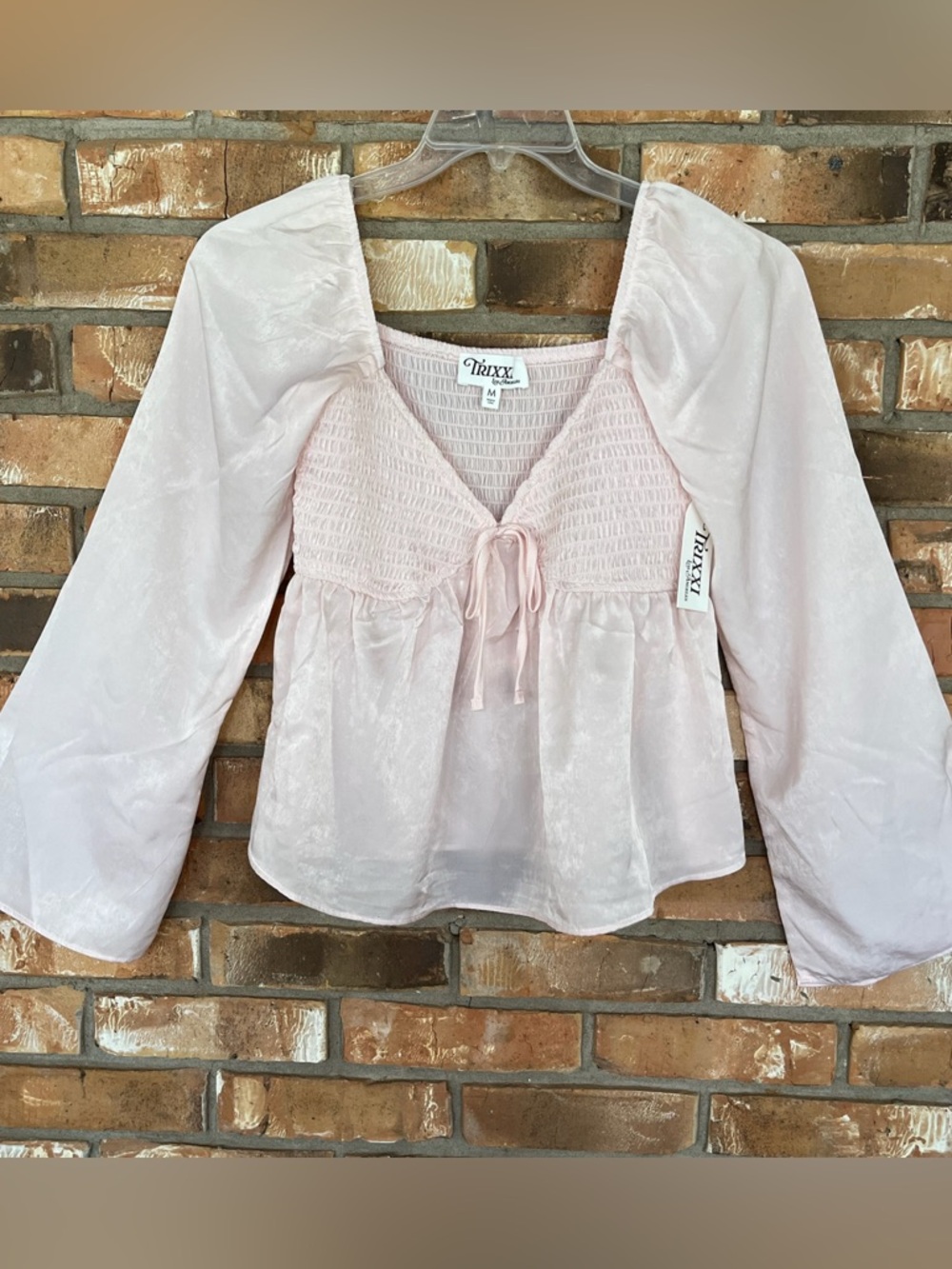 Trixxi LA Soft Pink Off Shoulder Smocked V-Neck Puff Sleeve Babydoll Top Medium